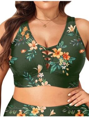 Plus Size Floral Green High-Waist Bikini Set